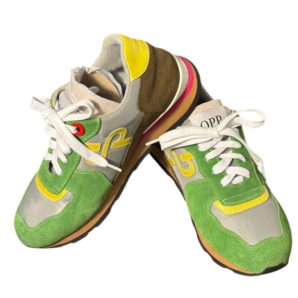 Vintage-Inspired OPP Green & Yellow Suede Running Shoes With White Laces - Picture 3 of 15